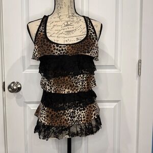Wet Seal Leopard Print Black Lace Tiered Ruffle Racerback Tank Top Size Small